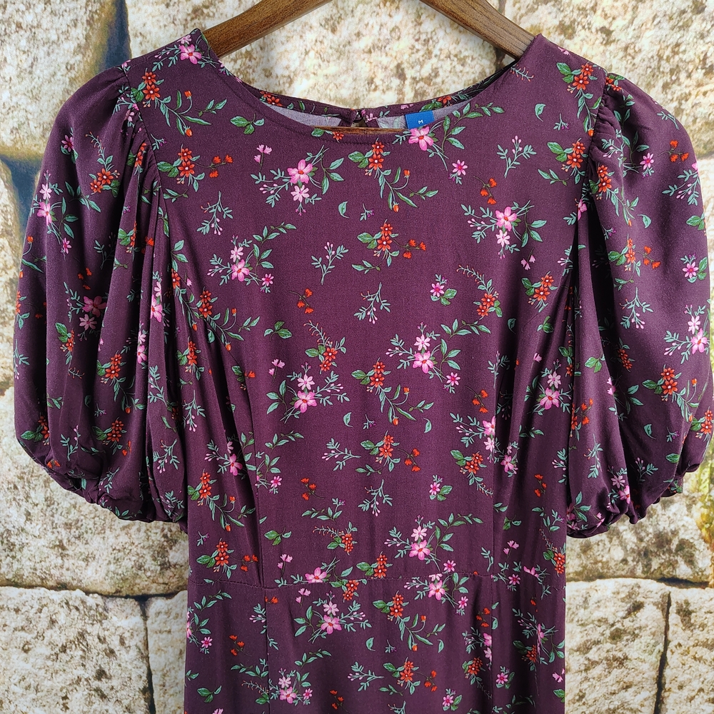 Old Navy Purple Floral Dress Puff Sleeve Open Back Size Medium - Picture 5 of 14